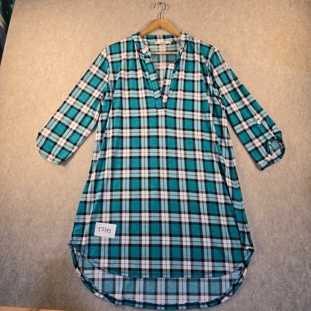 Eloges Teal Plaid Tunic Top 3/4 Roll Tab Sleeve High Low Hem V-Neck T2143